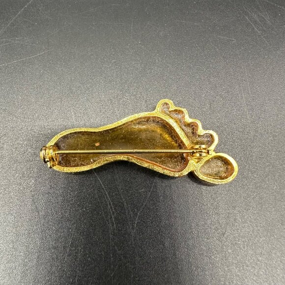 Vintage Signed Joy Resin Plique A Jour Stained Glass Foot Brooch Pin 1960s Gold - Picture 4 of 7